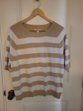 Calvin Klein Cream and Beige Striped Short-Sleeve Crew Sweater